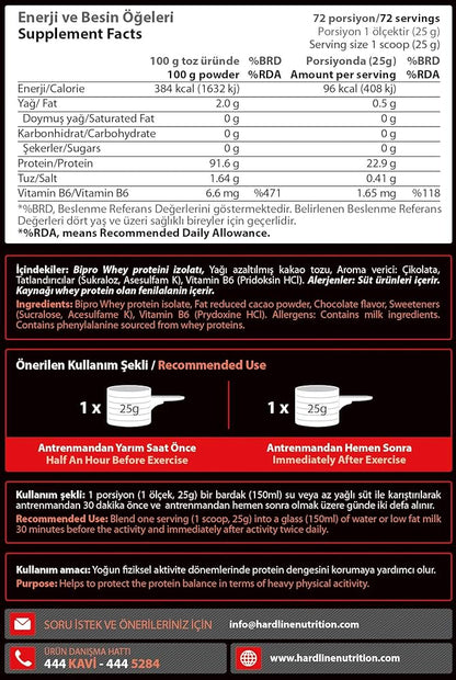 Hardline Hipro Çikolata Aromalı İzole Protein Tozu 72 Servis (1800g)